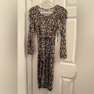 Size small black yellow white cheerful floral flower long sleeve belted dress